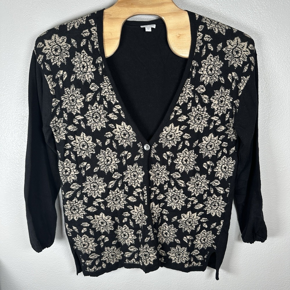 J Jill Cardigan Sweater Womens Size XL Black Beige Floral Knit Cotton Blend